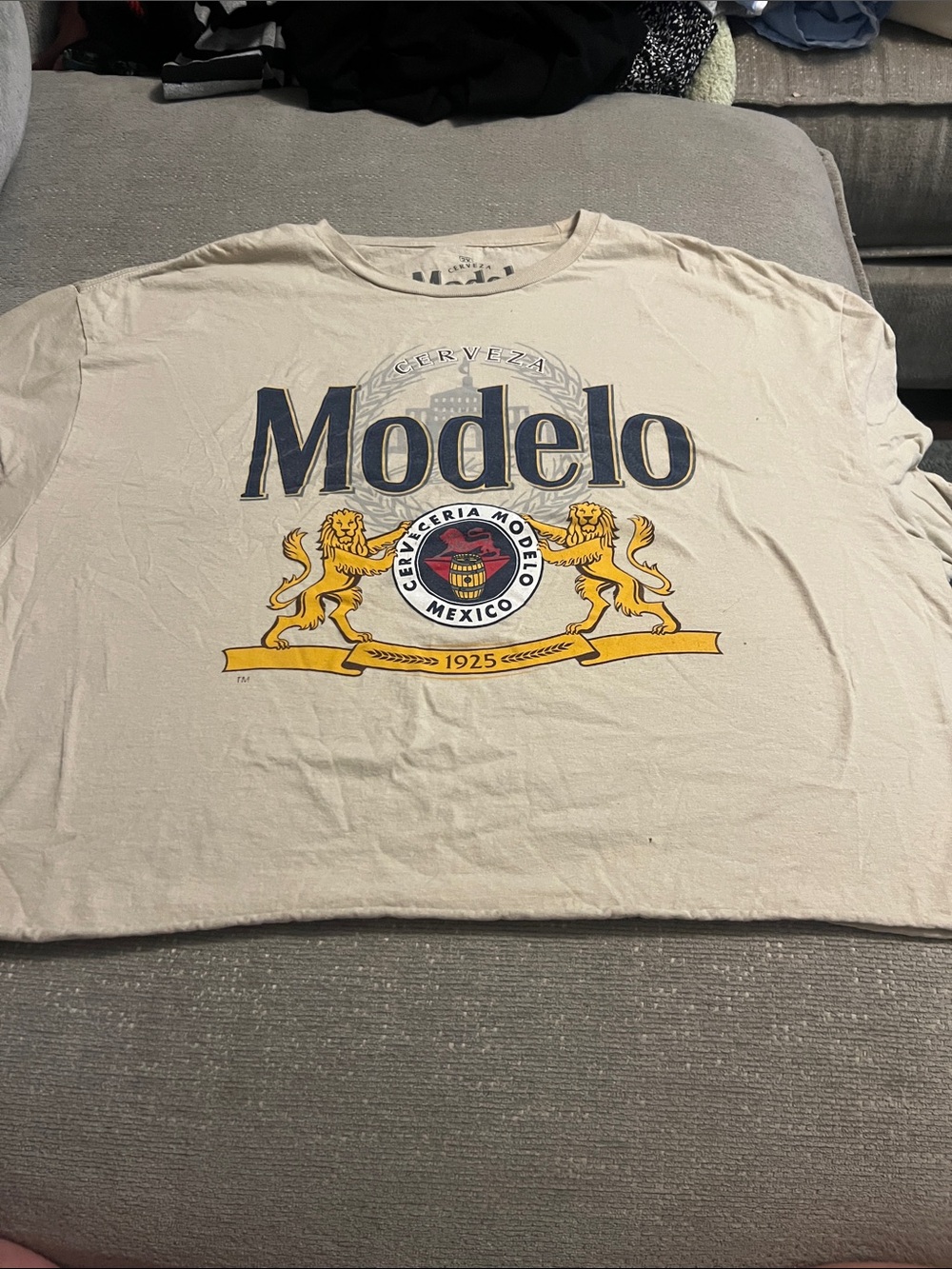 ModelCo Cream Graphic Logo Tee with Navy and Gold Crest